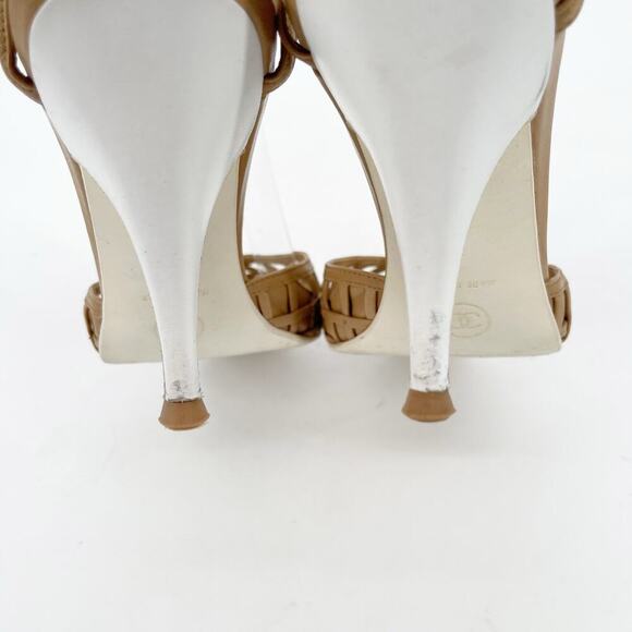 Chanel Vintage Retro Camel Tan Leather Woven Lattice Ankle Strap Heels EU 38 - Picture 9 of 14